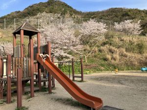 細い坂を上ると最初に見えるのが遊具公園